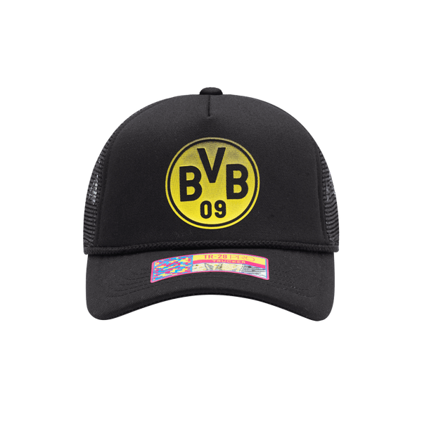 Borussia Dortmund Atmosphere Trucker with mid crown, curved peak brim, mesh back, and snapback closure, in Black