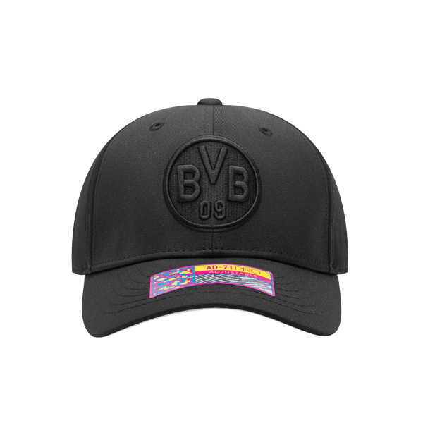 Front view of the Borussia Dortmund Dusk Adjustable hat with mid constructured crown, curved peak brim, and slider buckle closure, in Black.