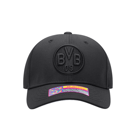 Front view of the Borussia Dortmund Dusk Adjustable hat with mid constructured crown, curved peak brim, and slider buckle closure, in Black.