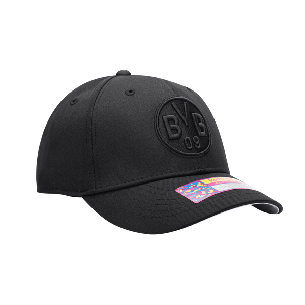 Side view of the Borussia Dortmund Dusk Adjustable hat with mid constructured crown, curved peak brim, and slider buckle closure, in Black.