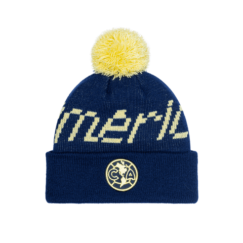 Club America Pixel Neon Beanie with embroidered club logo on ribbed ruff, club name knitted in hat body, and pom detailing, in Navy.
