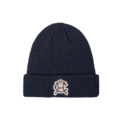 Club America Ivy Beanie in thick, wool blend knit, front embroidered wool backed applique patch with merrowed edges, in navy.