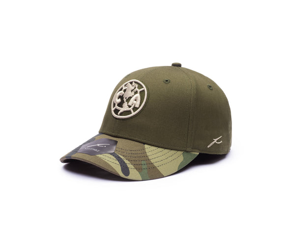 View of left side of Club America Half Camo Adjustable with Fi collection branded stitching