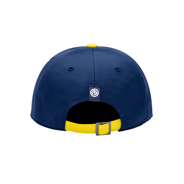 Back view of the Borussia Dortmund Core Adjustable hat with mid constructured crown, cruved peak brim, and slider buckle closure, in Black/Yellow.