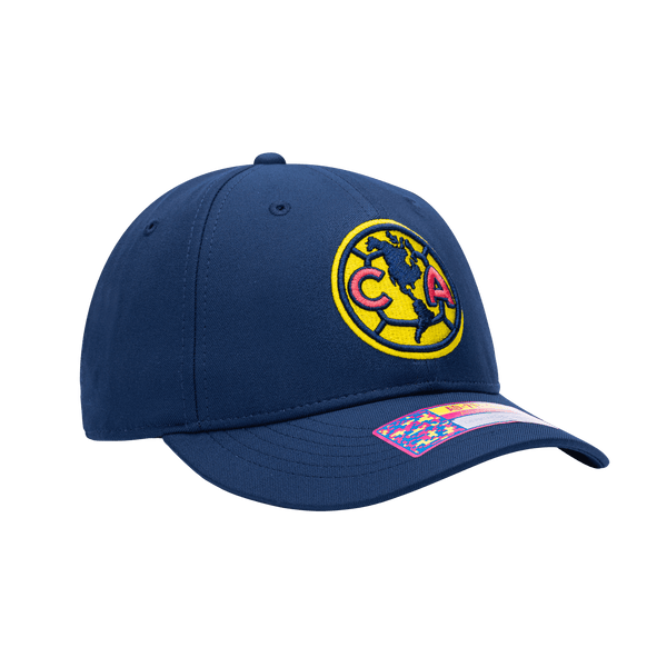 Side view of the Club America Standard Adjustable hat with mid constructured crown, curved peak brim, and slider buckle closure, in Navy.