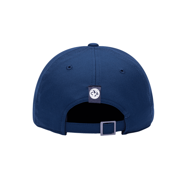 Back view of the Club America Standard Adjustable hat with mid constructured crown, curved peak brim, and slider buckle closure, in Navy.
