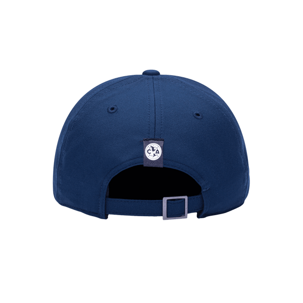 Back view of the Club America Standard Adjustable hat with mid constructured crown, curved peak brim, and slider buckle closure, in Navy.