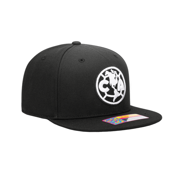 Side view of the Club America Hit Snapback with high crown, flat peak, and snapback closure, in Black