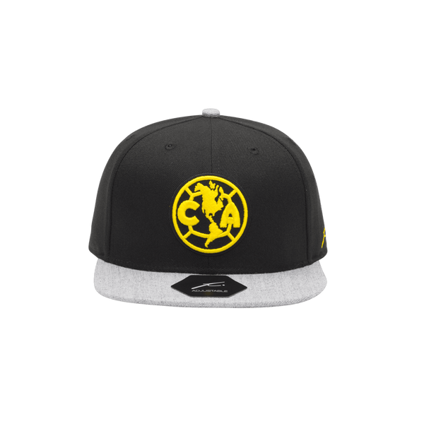Black Club America Player Snapback with grey bill and yellow stitch team logo