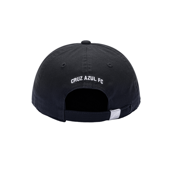 Back view of the Cruz Azul Hit Classic hat with low unstructured crown, curved peak brim, and buckle closure, in black.