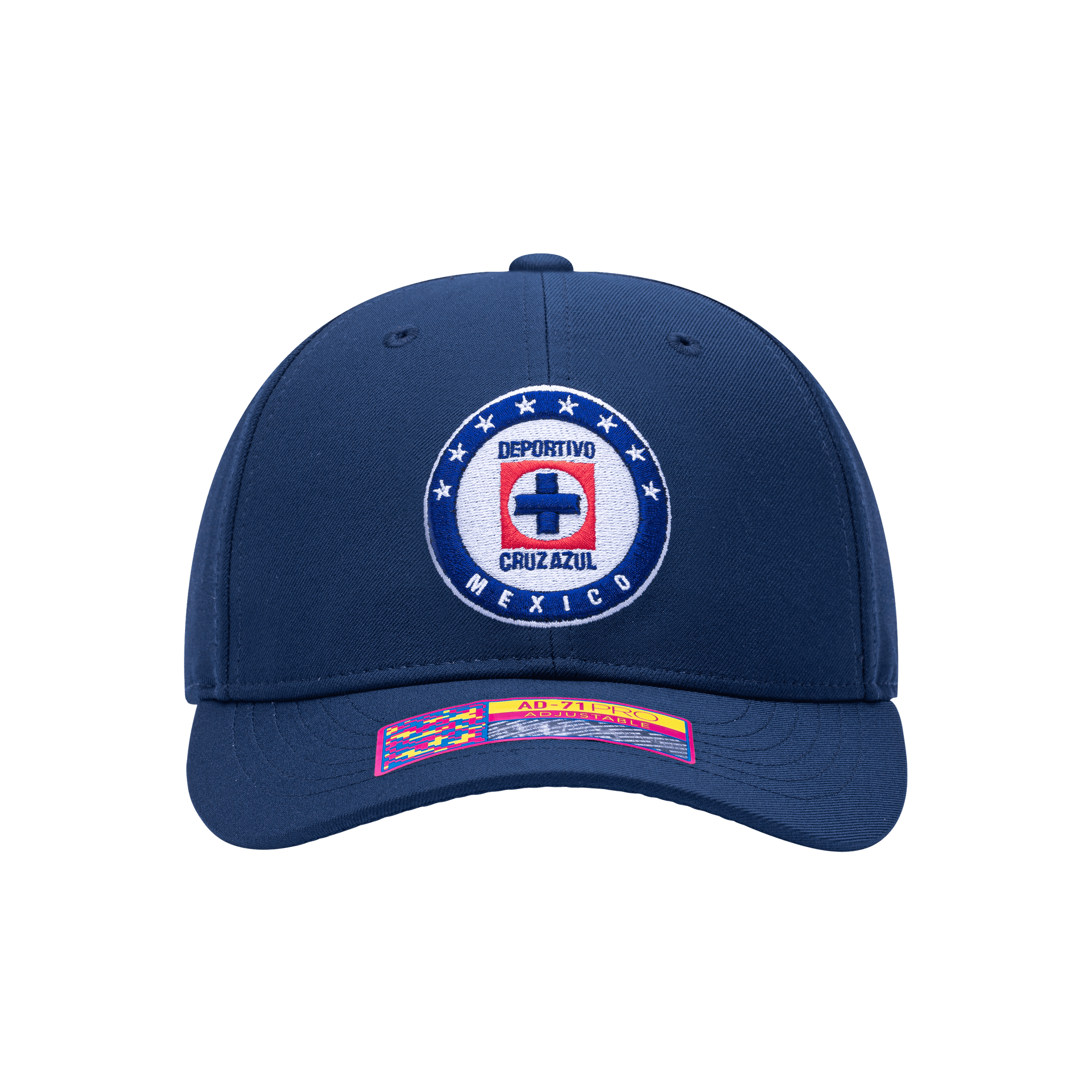 Front view of the Cruz Azul Standard Adjustable hat with mid constructured crown, curved peak brim, and slider buckle closure, in Navy.