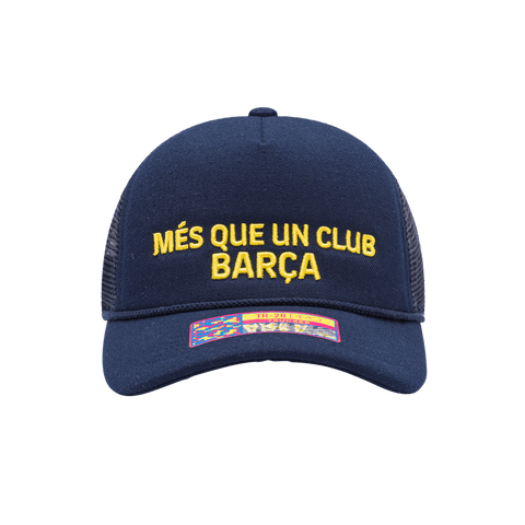 FC Barcelona Pride Trucker with mid crown, curved peak brim, mesh back, and snapback closure, in Navy