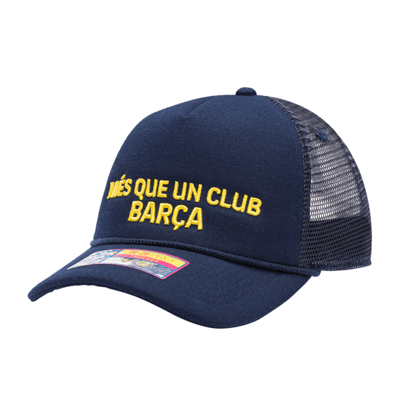 FC Barcelona Pride Trucker with mid crown, curved peak brim, mesh back, and snapback closure, in Navy