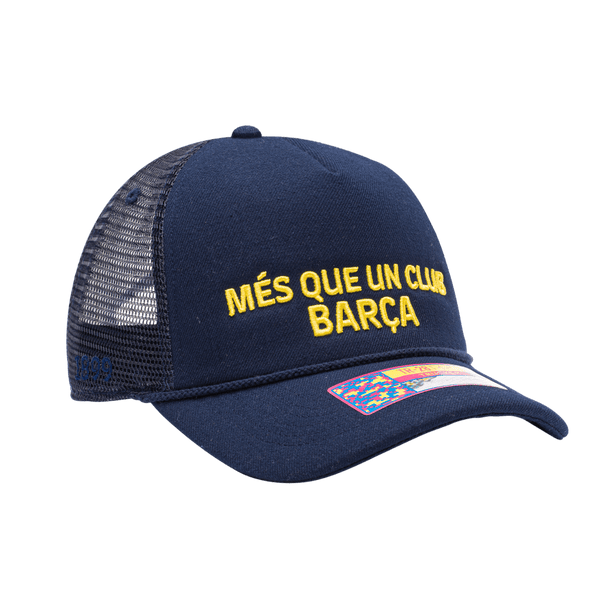 FC Barcelona Pride Trucker with mid crown, curved peak brim, mesh back, and snapback closure, in Navy