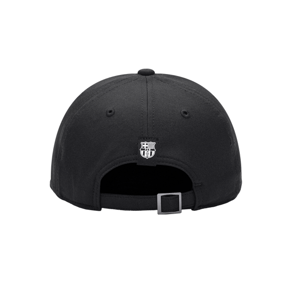 Back view of the FC Barcelona Dusk Adjustable hat with mid constructured crown, curved peak brim, and slider buckle closure, in Black.