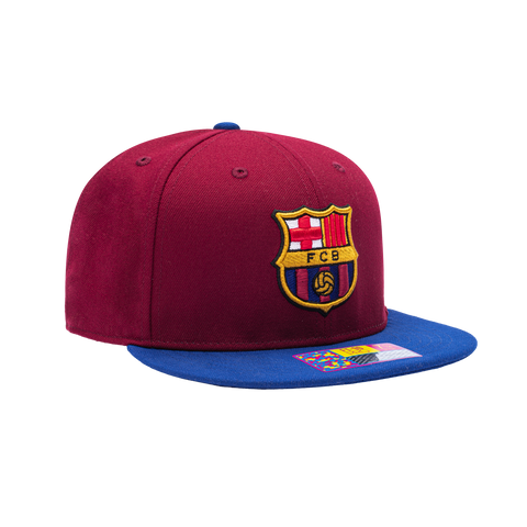 Side view of the FC Barcelona Team Fitted Hat with high structured crown, flat peak brim, in Burgundy/Blue