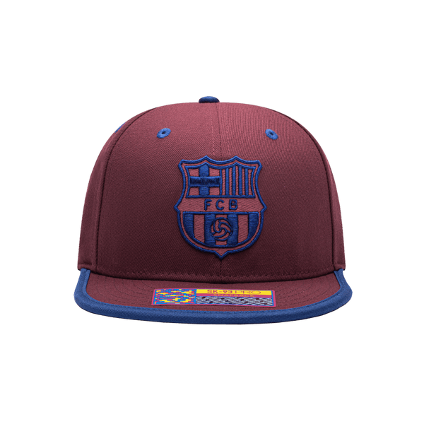 FC Barcelona Tape Snapback with high crown, flat peak brim, and snapback closure, in Cardinal