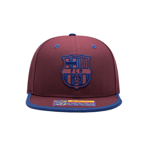 FC Barcelona Tape Snapback with high crown, flat peak brim, and snapback closure, in Cardinal