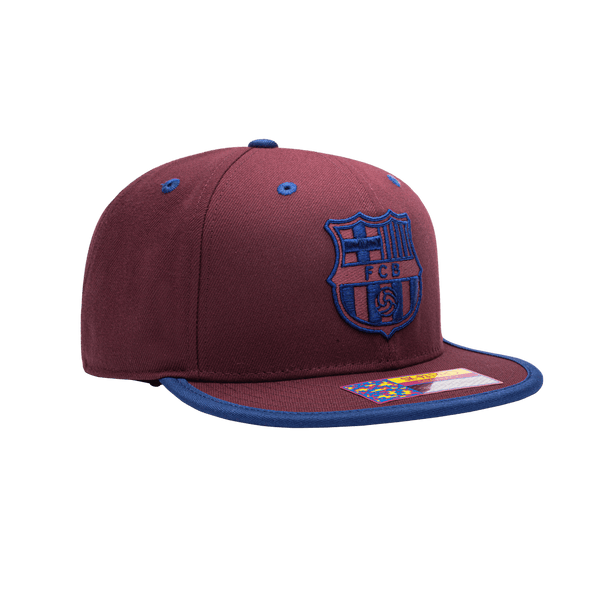 FC Barcelona Tape Snapback with high crown, flat peak brim, and snapback closure, in Cardinal