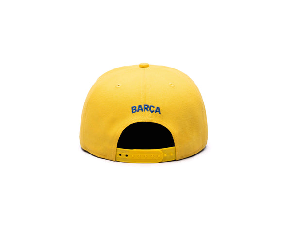 View of back side of FC Barcelona Retro Capsule Snapback Hat with team name embroidered on the back "Barca"