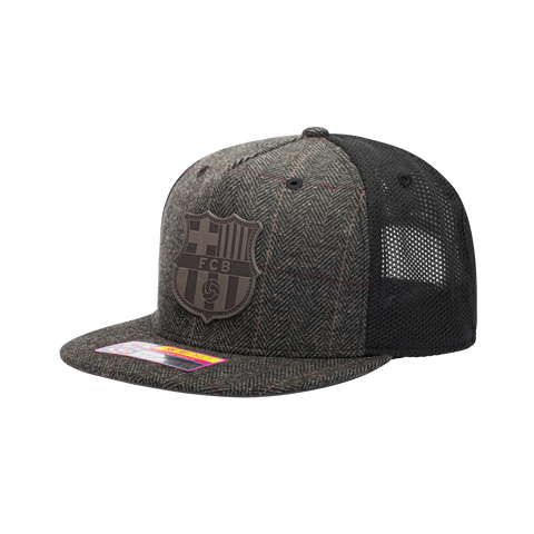 Side view of the FC Barcelona Sherlock Snapback in brown tweed and black panels, with high crown and flat peak.