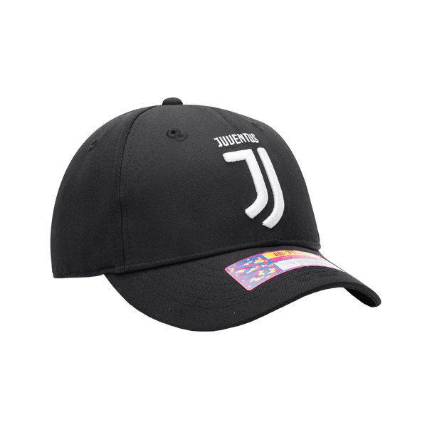 Side view of the Juventus Hit Adjustable hat with mid constructured crown, curved peak brim, and slider buckle closure, in Black.