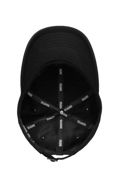 Bottom view of the Juventus Hit Adjustable hat with mid constructured crown, curved peak brim, and slider buckle closure, in Black.