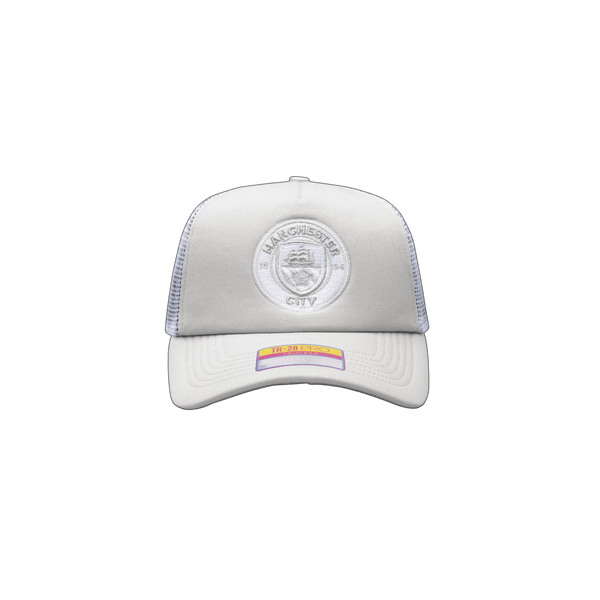 Manchester City Fog Trucker hat with high, constructed crown, curved peak, and snapback closure in Grey