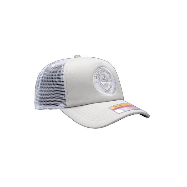 Manchester City Fog Trucker hat with high, constructed crown, curved peak, and snapback closure in Grey