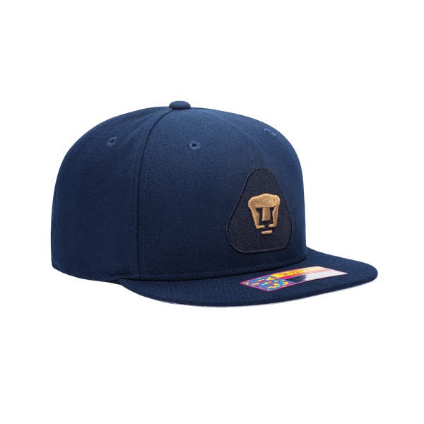 Side view of Pumas Dawn Snapback with high crown, flat peak, and snapback closure, in Navy