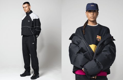 Man on left wears the Juventus Stadium Jacket and the Juventus Stadium Pants. Woman on right wears the FC Barcelona Short Puffer Jacket over the FC Barcelona Truitt Sweatshirt.