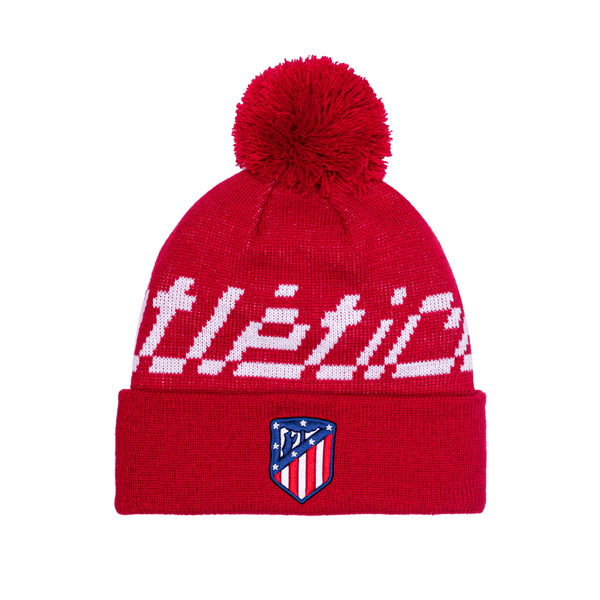 Atletico Madrid Pixel Beanie with embroidered club logo on ribbed ruff, club name knitted in hat body, and pom detailing, in Red.