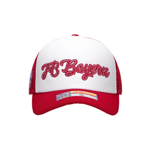 Red White Bayern Munich Script Stop Trucker with red bill red back panels and red button on top