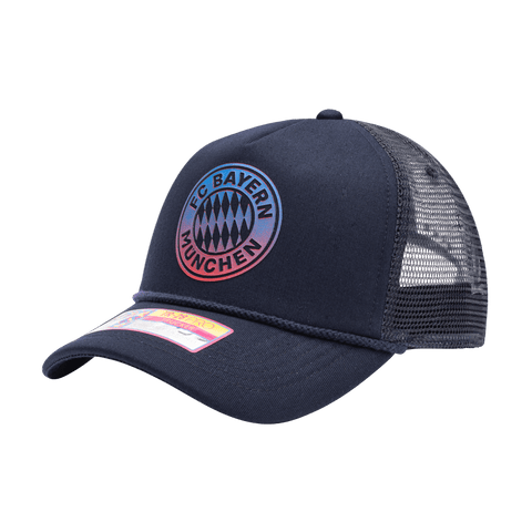 Bayern Munich Atmosphere Trucker with mid crown, curved peak brim, mesh back, and snapback closure, in Navy