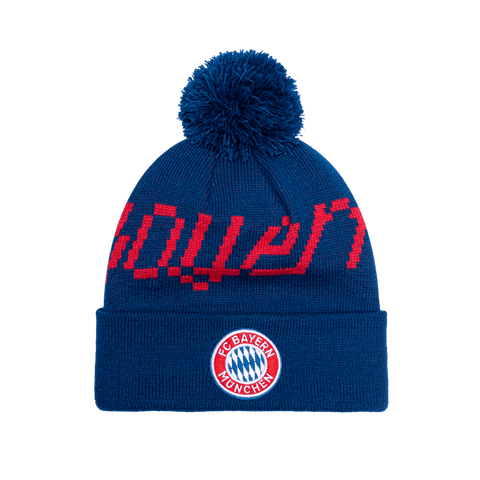 Bayern Munich Pixel Beanie with embroidered club logo on ribbed ruff, club name knitted in hat body, and pom detailing, in Blue.