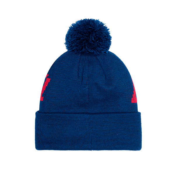 Bayern Munich Pixel Beanie with embroidered club logo on ribbed ruff, club name knitted in hat body, and pom detailing, in Blue.