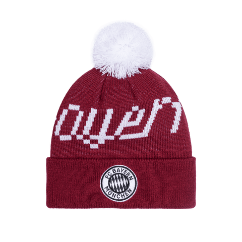 Bayern Munich Pixel Neon Beanie with embroidered club logo on ribbed ruff, club name knitted in hat body, and pom detailing, in Burgundy.