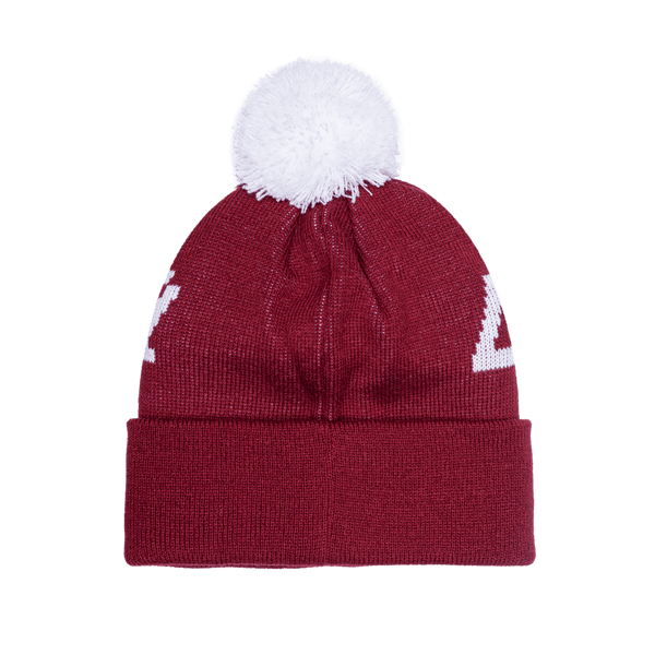 Bayern Munich Pixel Neon Beanie with embroidered club logo on ribbed ruff, club name knitted in hat body, and pom detailing, in Burgundy.