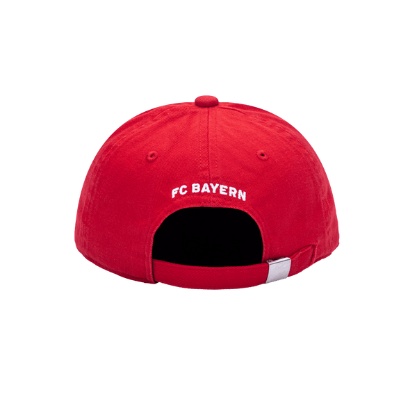 Back view of Bayern Munich Bambo Classic with low unstructured crown, curved peak brim, and buckle closure, in red.