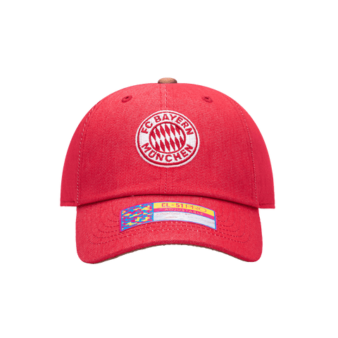 Front view of the Bayern Munich Pegasus Classic hat with low unstructured crown, curved peak brim, and buckle closure, in red.