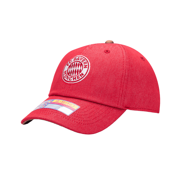 Side view of the Bayern Munich Pegasus Classic hat with low unstructured crown, curved peak brim, and buckle closure, in red.