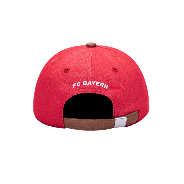 Back view of the Bayern Munich Pegasus Classic hat with low unstructured crown, curved peak brim, and buckle closure, in red.