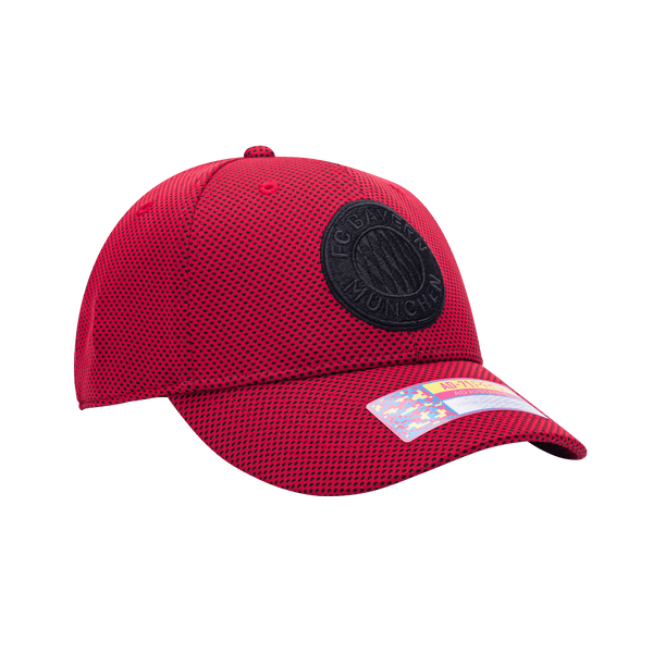 Side view of the Bayern Munich Trophy Adjustable hat with mid constructured crown, curved peak brim, and slider buckle closure, in Red.