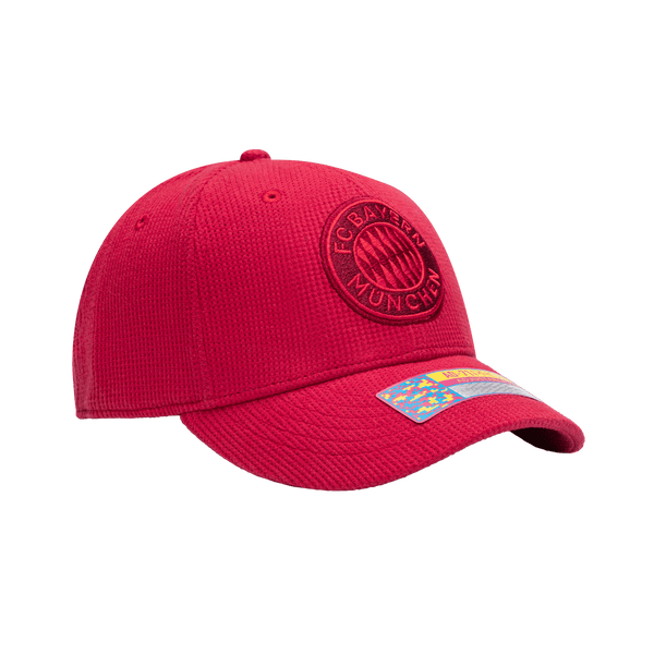 Side view of the Bayern Munich Club Ink Adjustable with high crown, curved brim, and adjustable strap, in red.