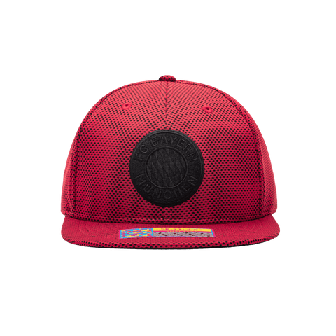 Front view of the Bayern Munich Trophy Snapback with high structured crown, flat peak brim, snap closure at back, in red