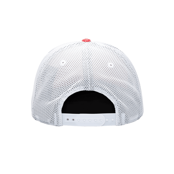 Back view of the Bayern Munich Dribbling Snapback with high structured crown, flat peak brim, mesh back, and snapback closure, in Red/White.