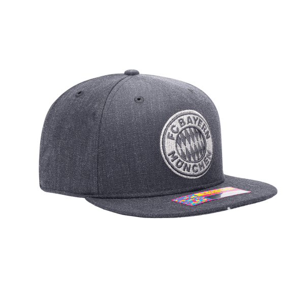 Side view of the Bayern Munich Platinum Snapback with high crown, flat peak, and snapback closure, in grey