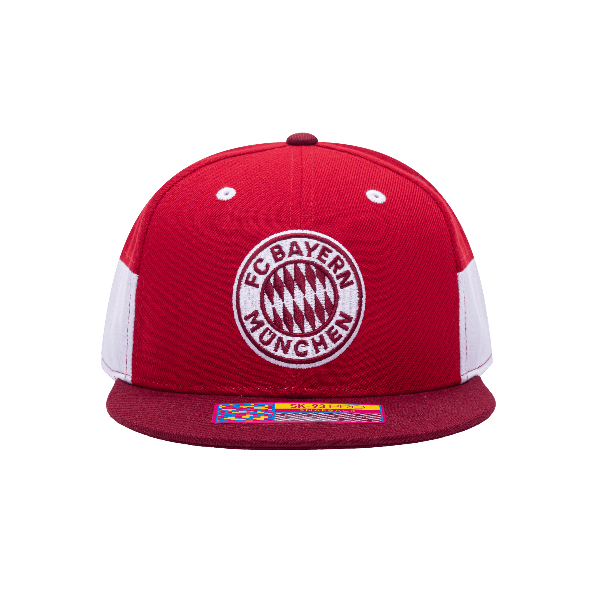 Front view of the Bayern Munich Truitt Snapback with high crown, flat peak, and snapback closure, in red/white.