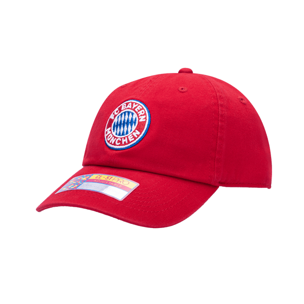Side view of Bayern Munich Bambo Kids Classic with low unstructured crown, curved peak brim, and buckle closure, in red.