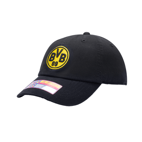 Side view of Borussia Dortmund Bambo Classic hat with low unstructured crown, curved peak brim, and buckle closure, in black.